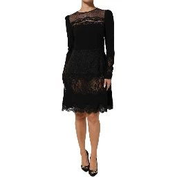 Black Floral Lace Trim Sheath A-line Dress
