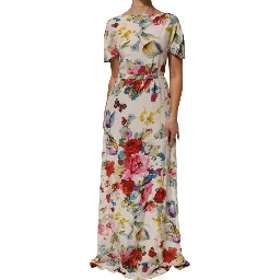 White Floral Print Silk Sheath LongGown Dress