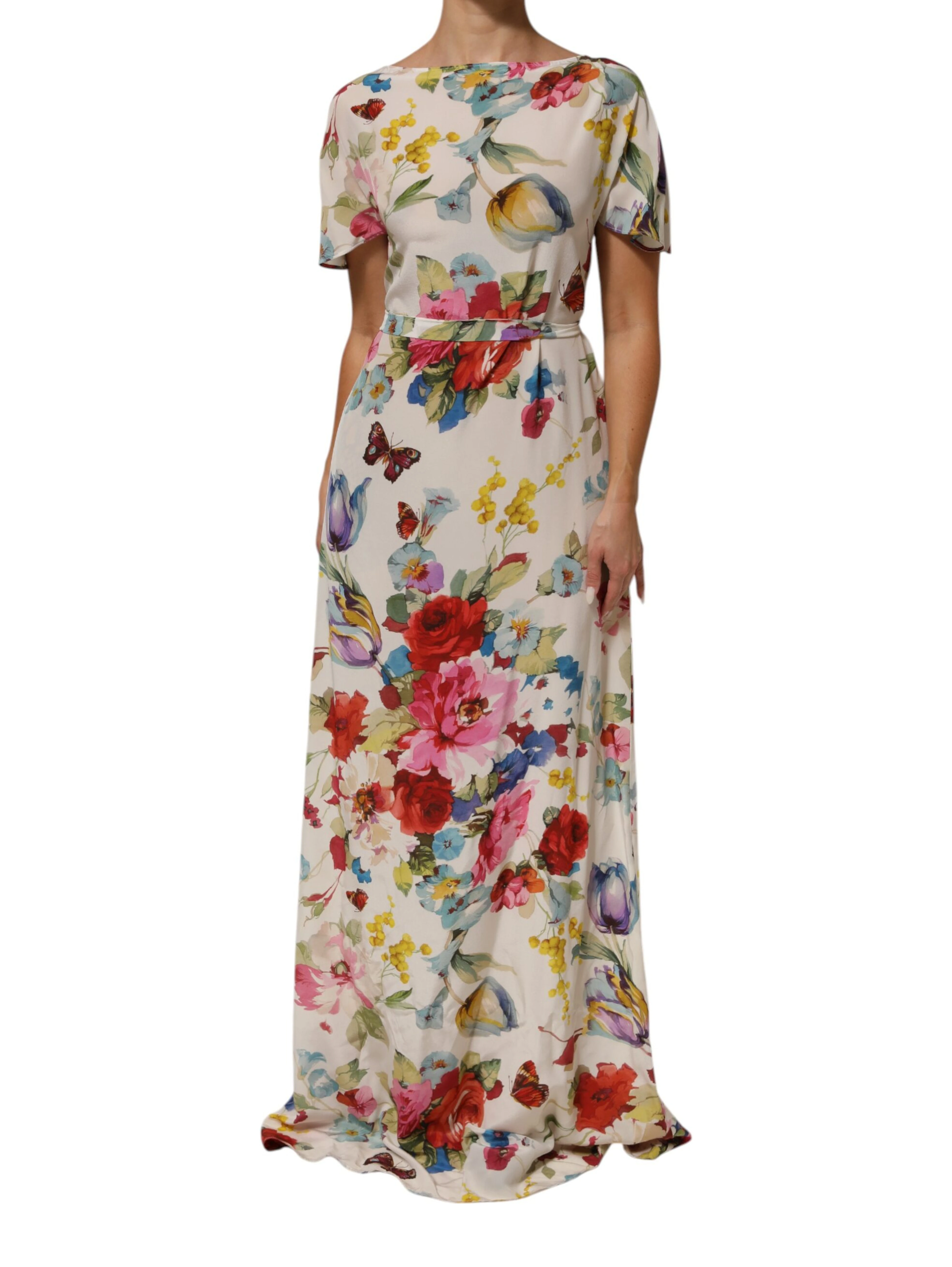 White Floral Print Silk Sheath LongGown Dress