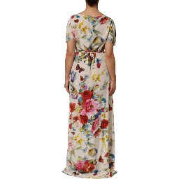 White Floral Print Silk Sheath LongGown Dress