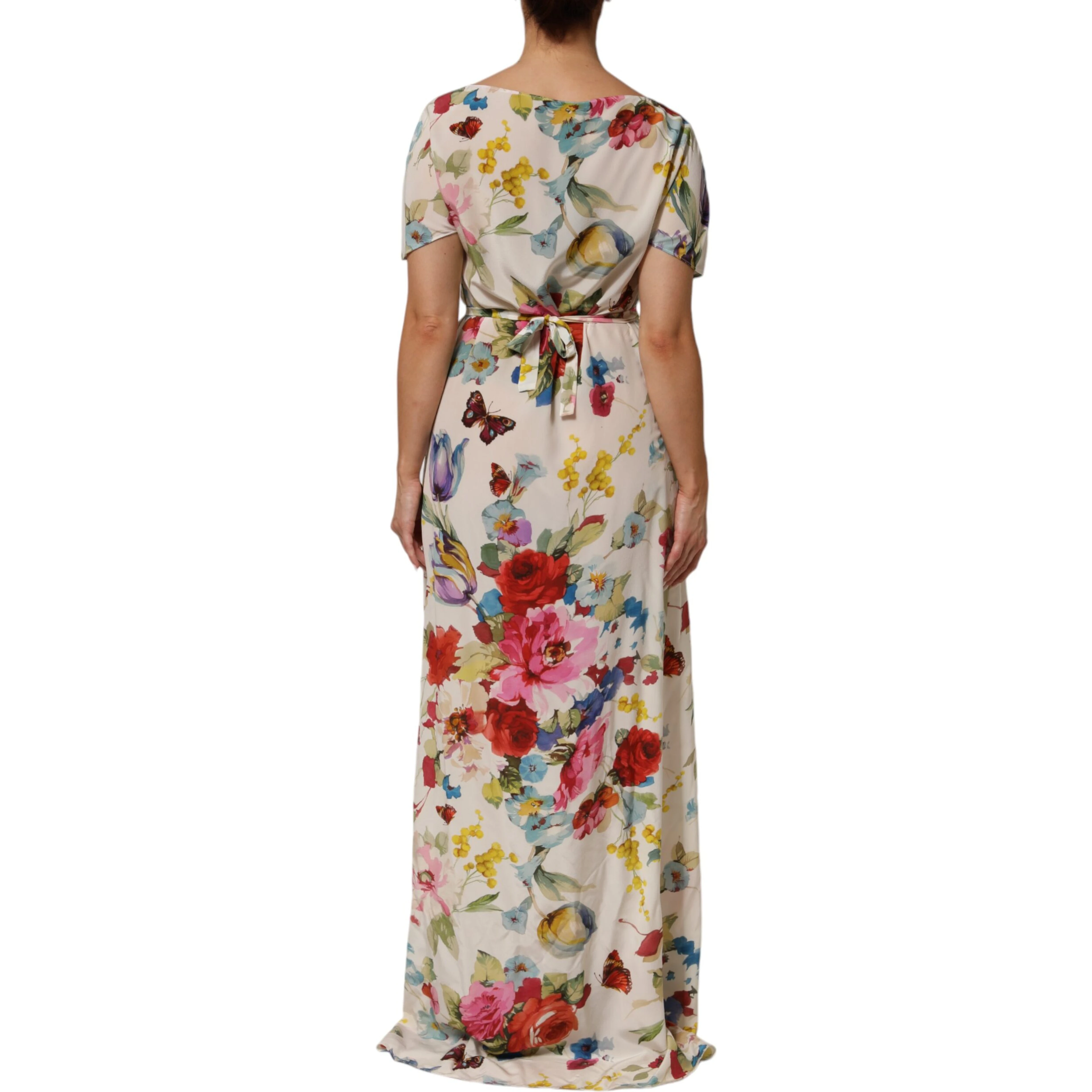 White Floral Print Silk Sheath LongGown Dress