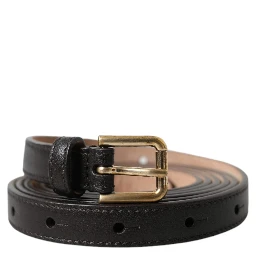 Black Leather Long Skinny Gold Metal Buckle Belt