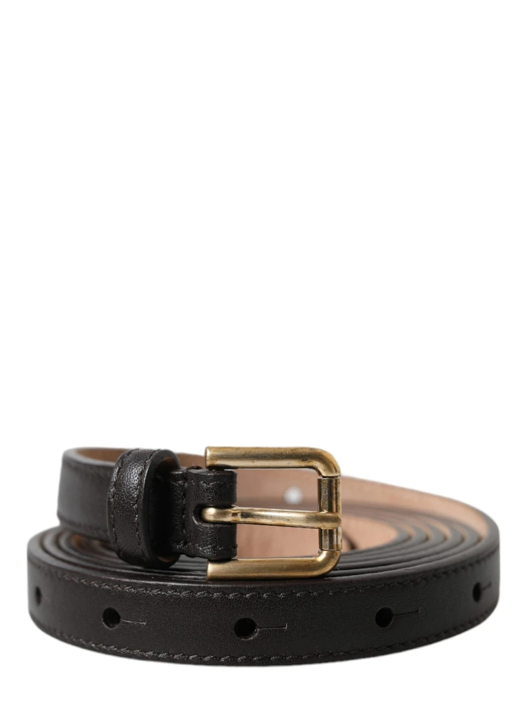 Black Leather Long Skinny Gold Metal Buckle Belt