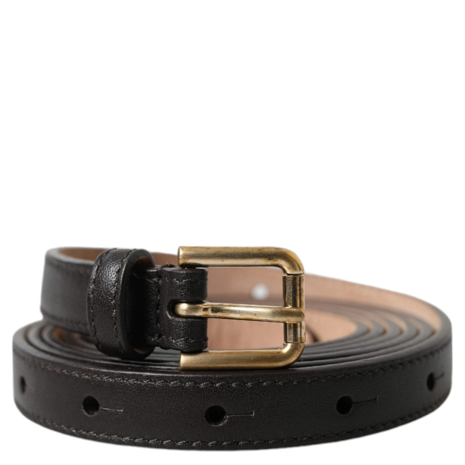 Black Leather Long Skinny Gold Metal Buckle Belt