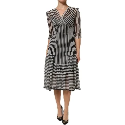 Black White Stripes Silk V-neck Midi Dress
