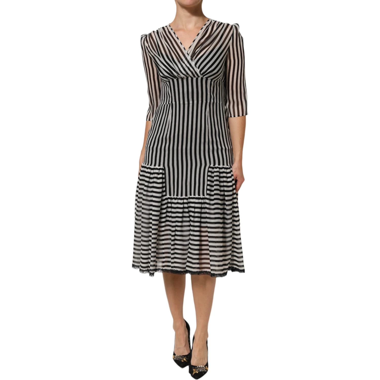 Black White Stripes Silk V-neck Midi Dress