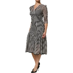 Black White Stripes Silk V-neck Midi Dress