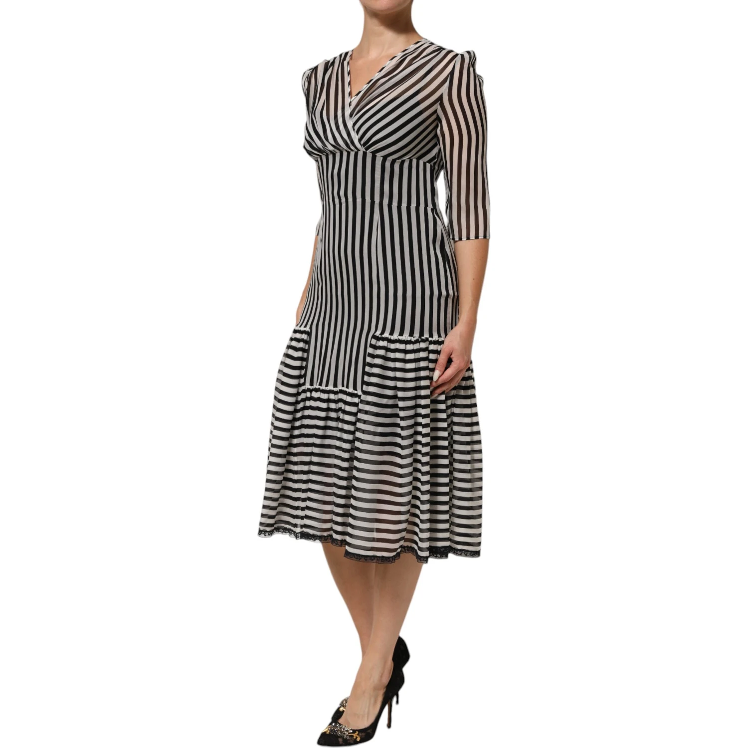 Black White Stripes Silk V-neck Midi Dress