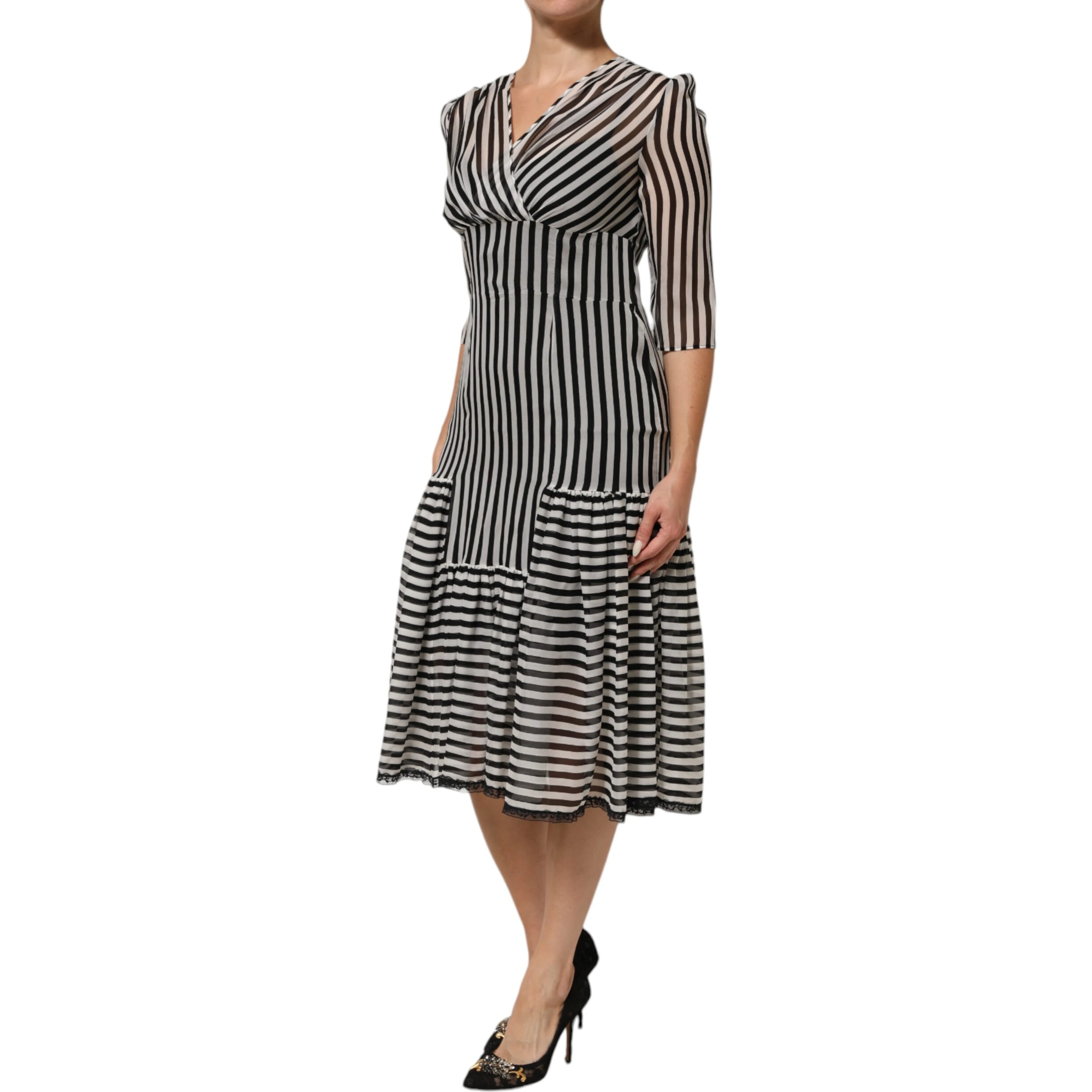 Black White Stripes Silk V-neck Midi Dress