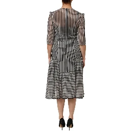 Black White Stripes Silk V-neck Midi Dress