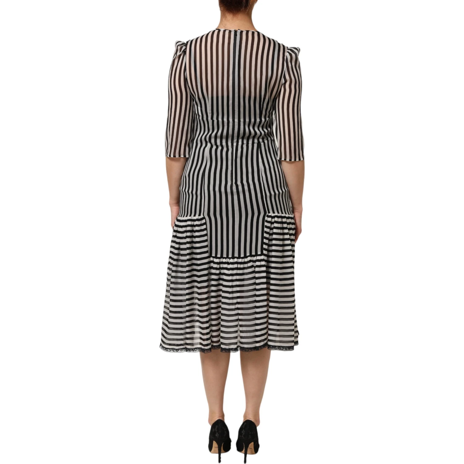 Black White Stripes Silk V-neck Midi Dress