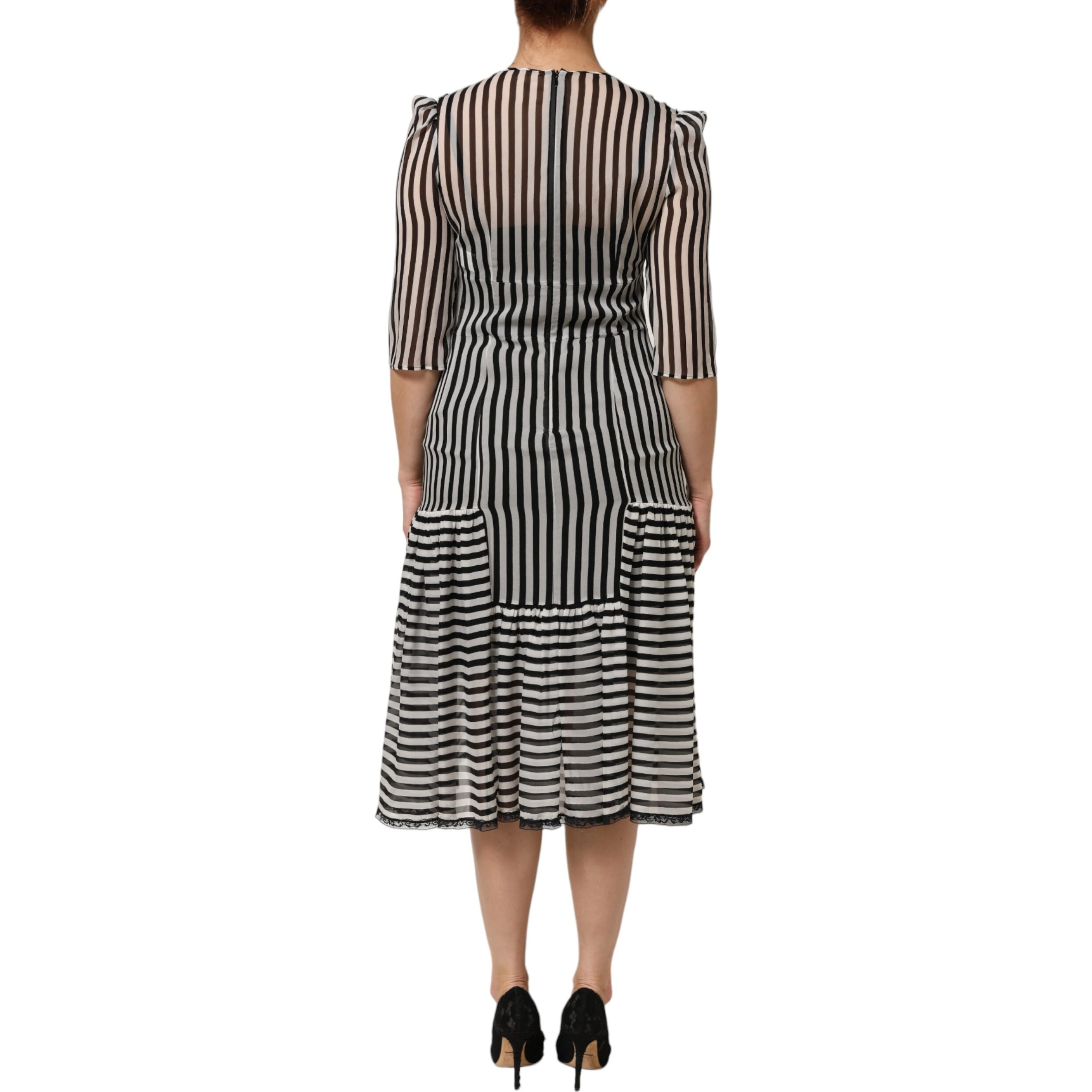 Black White Stripes Silk V-neck Midi Dress