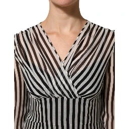 Black White Stripes Silk V-neck Midi Dress