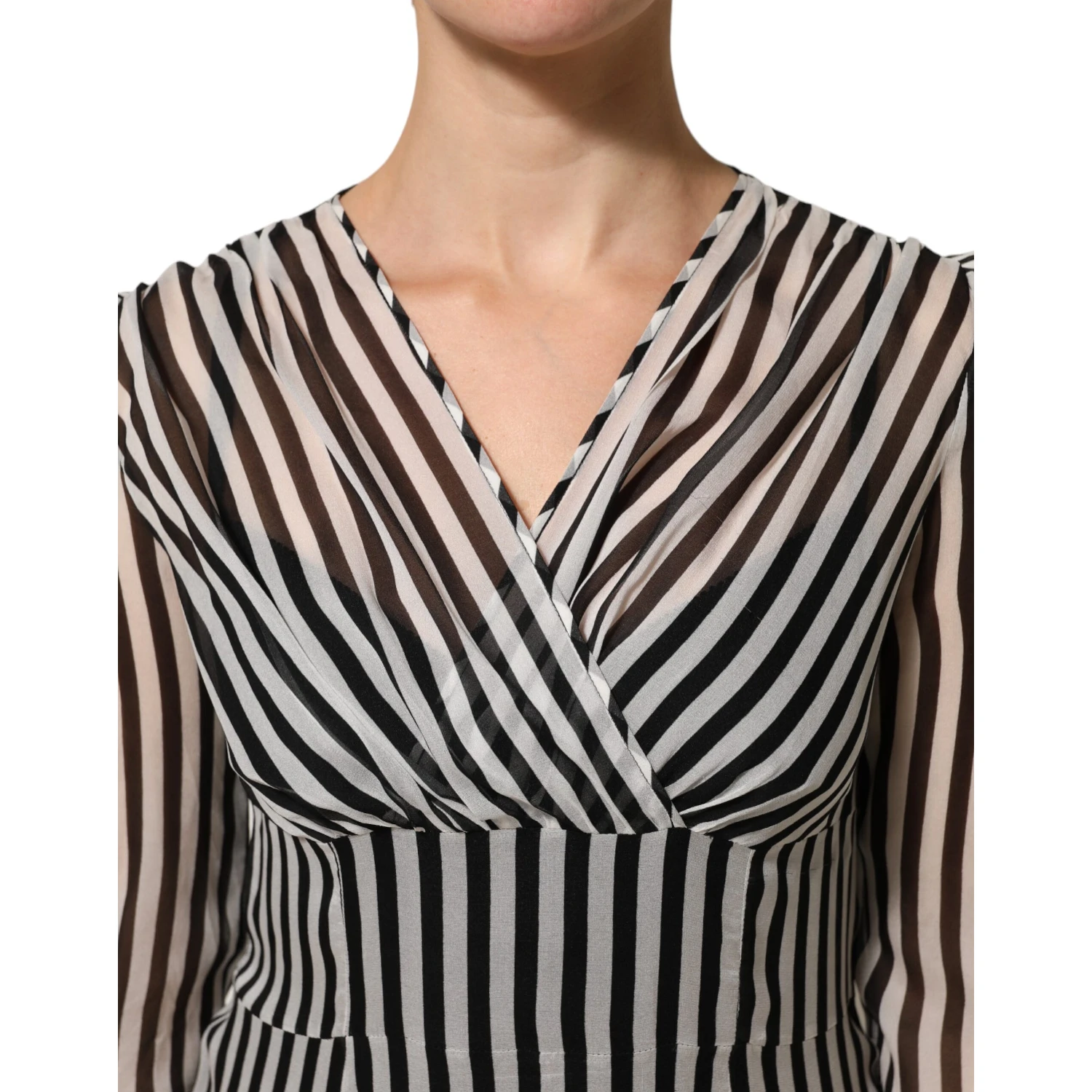 Black White Stripes Silk V-neck Midi Dress