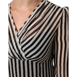 Black White Stripes Silk V-neck Midi Dress
