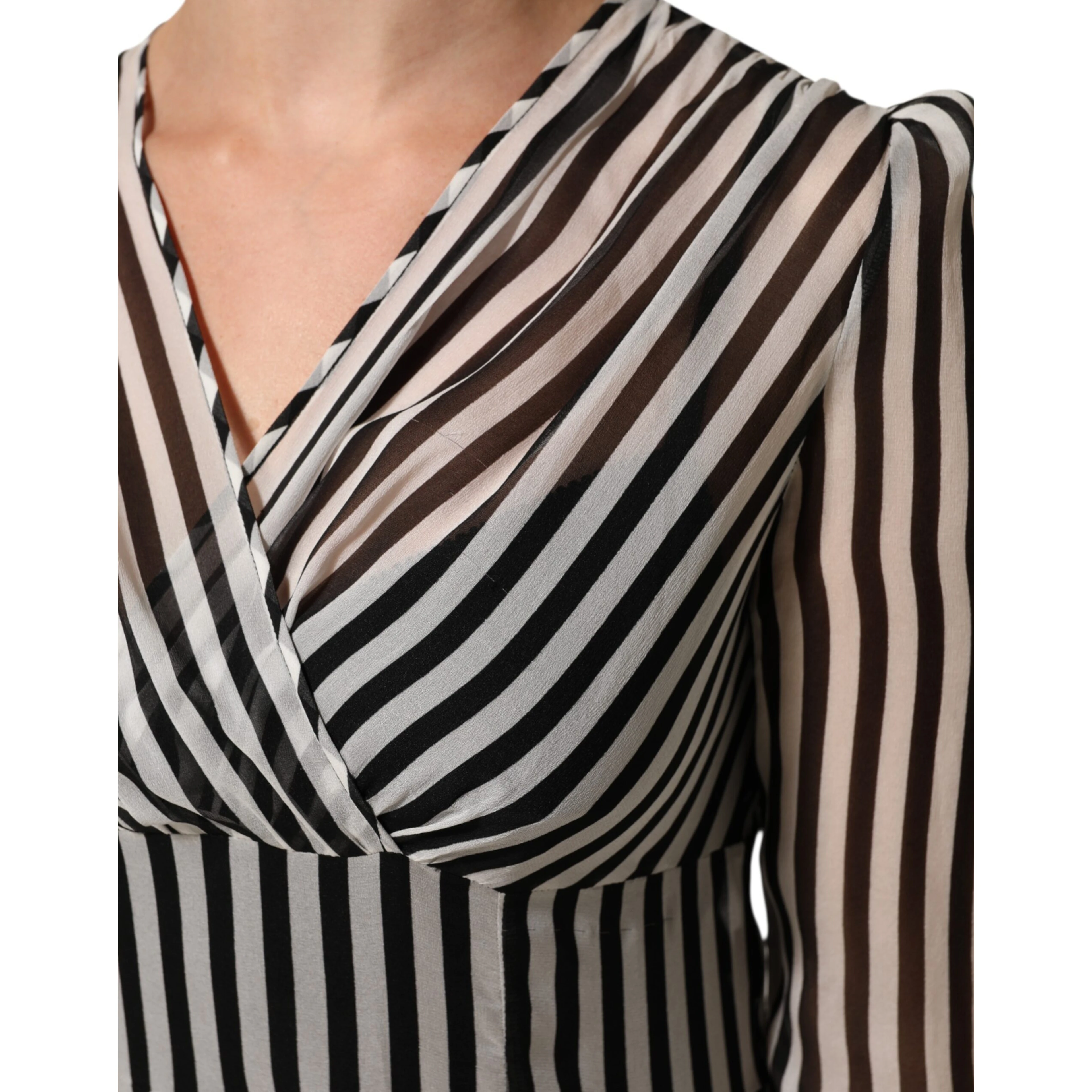 Black White Stripes Silk V-neck Midi Dress