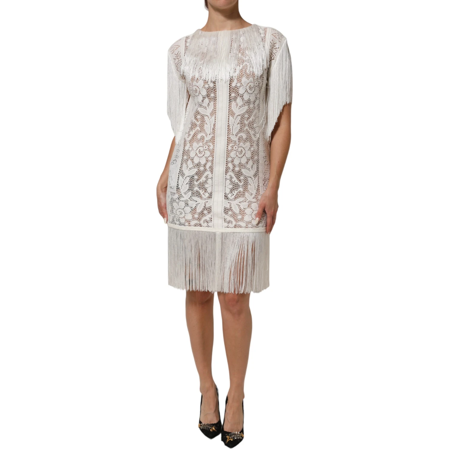 White Floral Lace Fringe Knee Length Dress