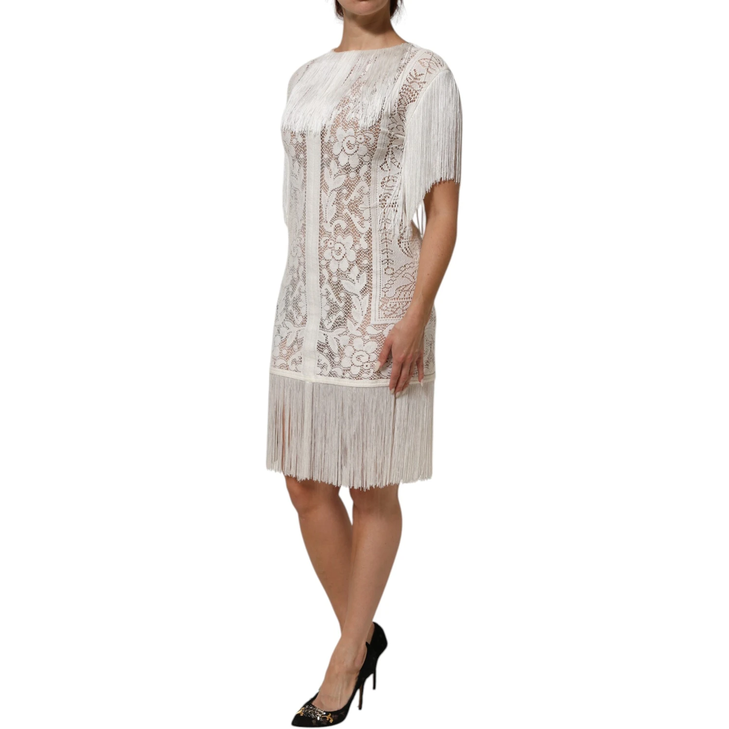 White Floral Lace Fringe Knee Length Dress