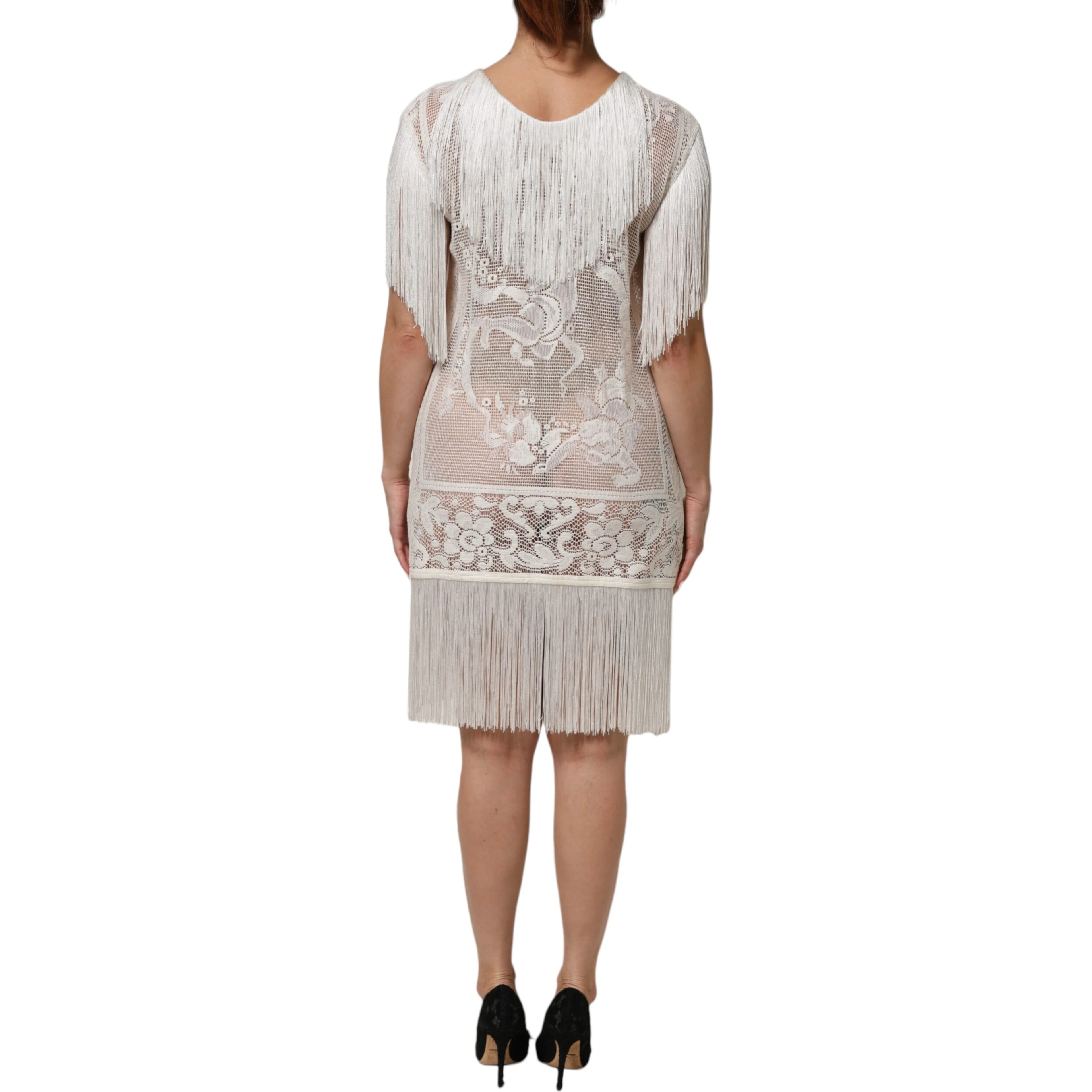 White Floral Lace Fringe Knee Length Dress