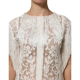 White Floral Lace Fringe Knee Length Dress