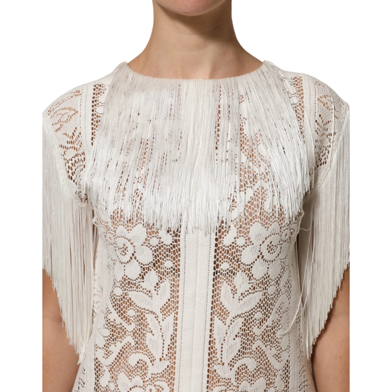 White Floral Lace Fringe Knee Length Dress