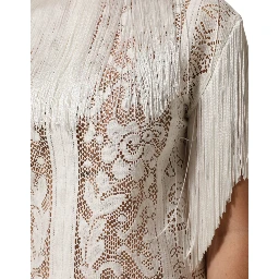 White Floral Lace Fringe Knee Length Dress