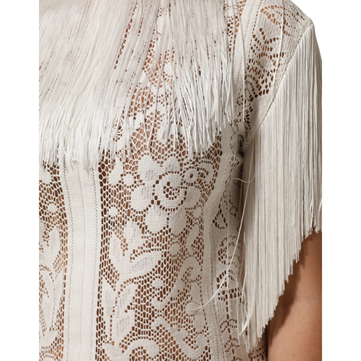 White Floral Lace Fringe Knee Length Dress