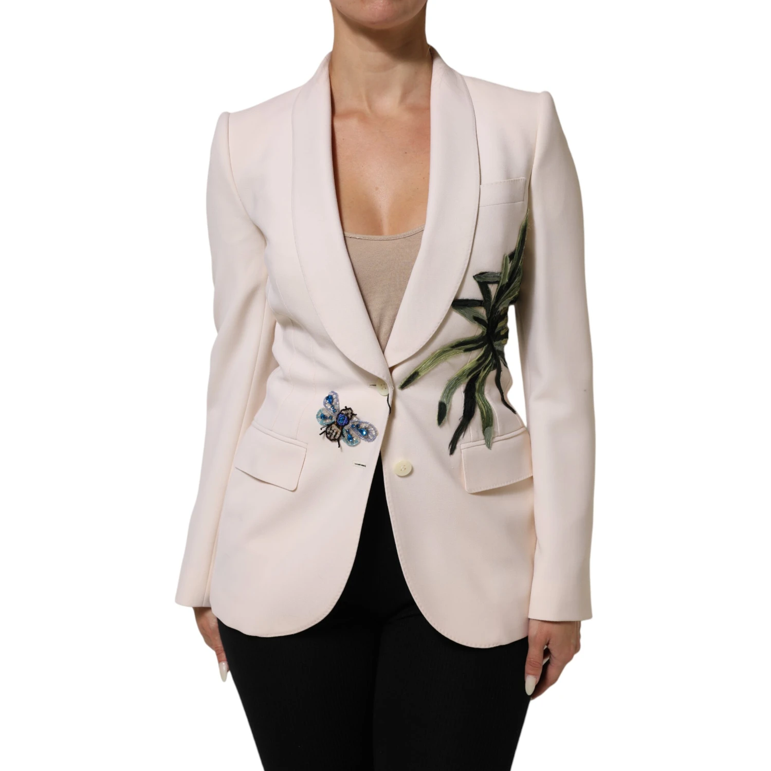 Beige Embroidered Single Breasted Jacket