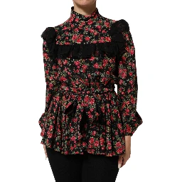 Black Floral Print Long Sleeve Blouse Top