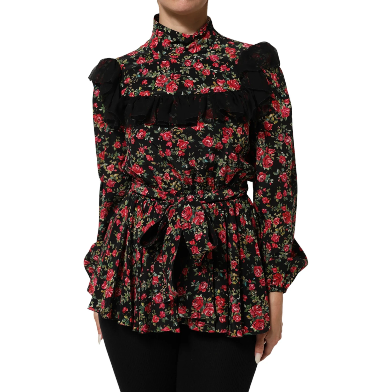 Black Floral Print Long Sleeve Blouse Top