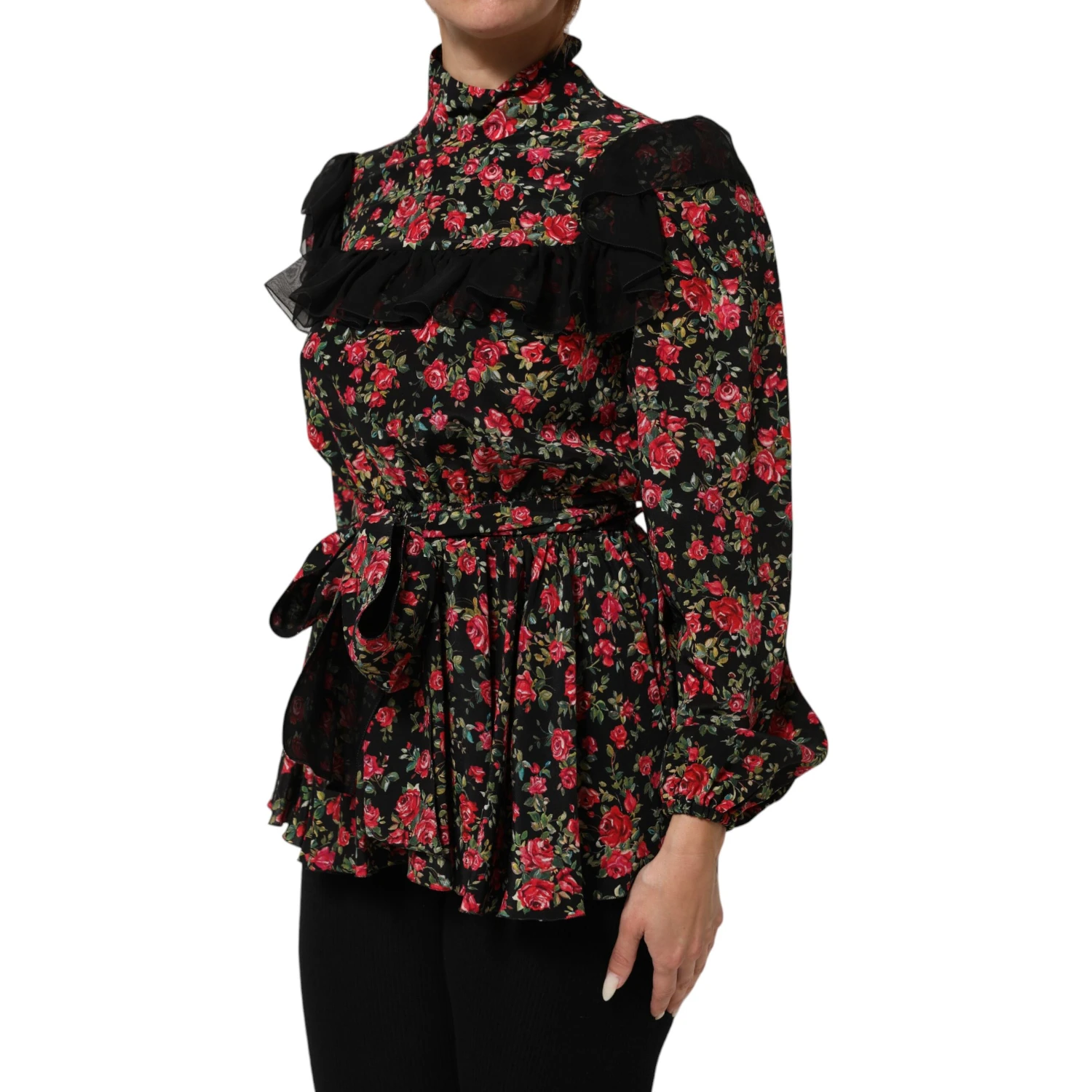 Black Floral Print Long Sleeve Blouse Top