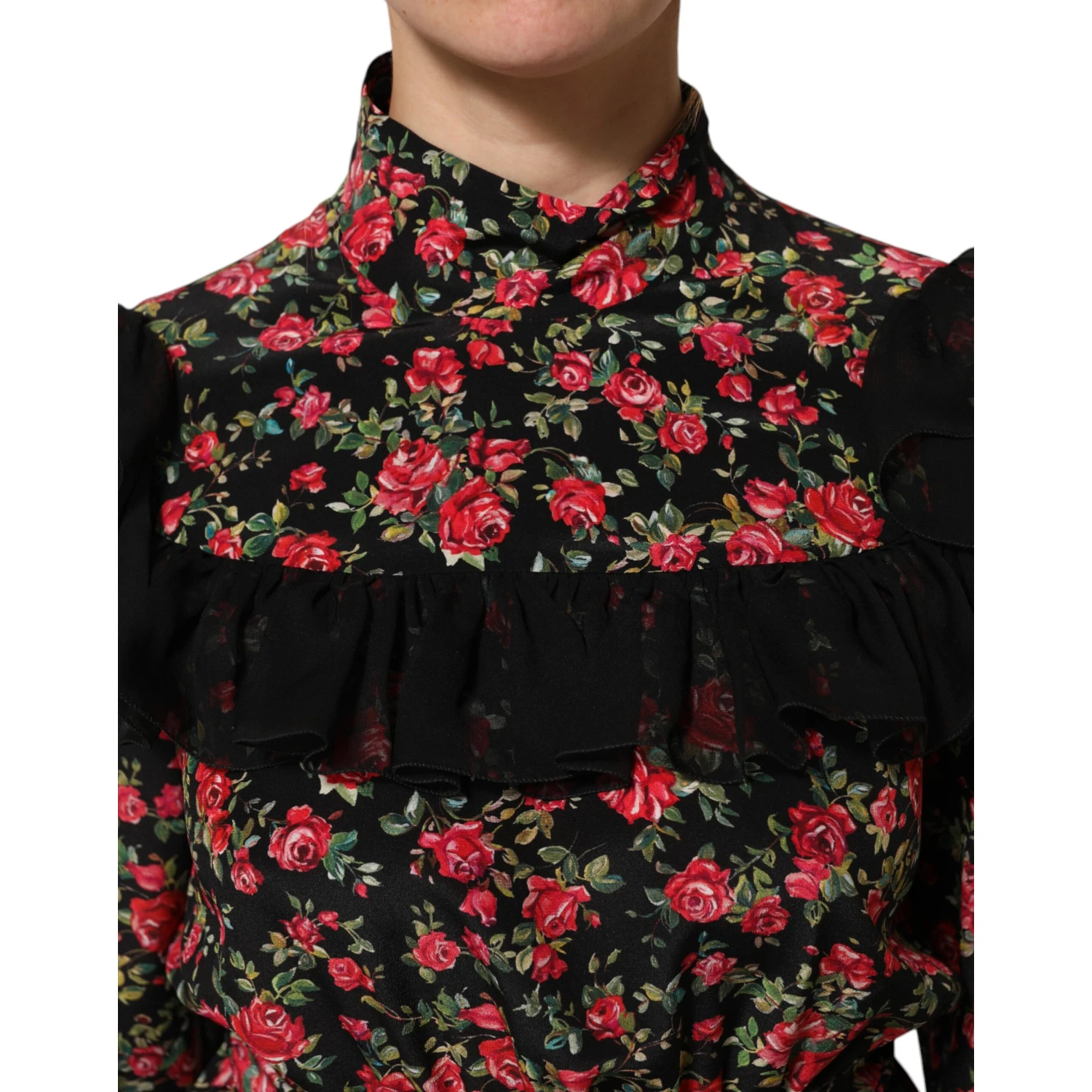Black Floral Print Long Sleeve Blouse Top