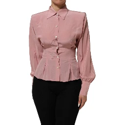 Pink Silk Collared Long Sleeves Blouse Top