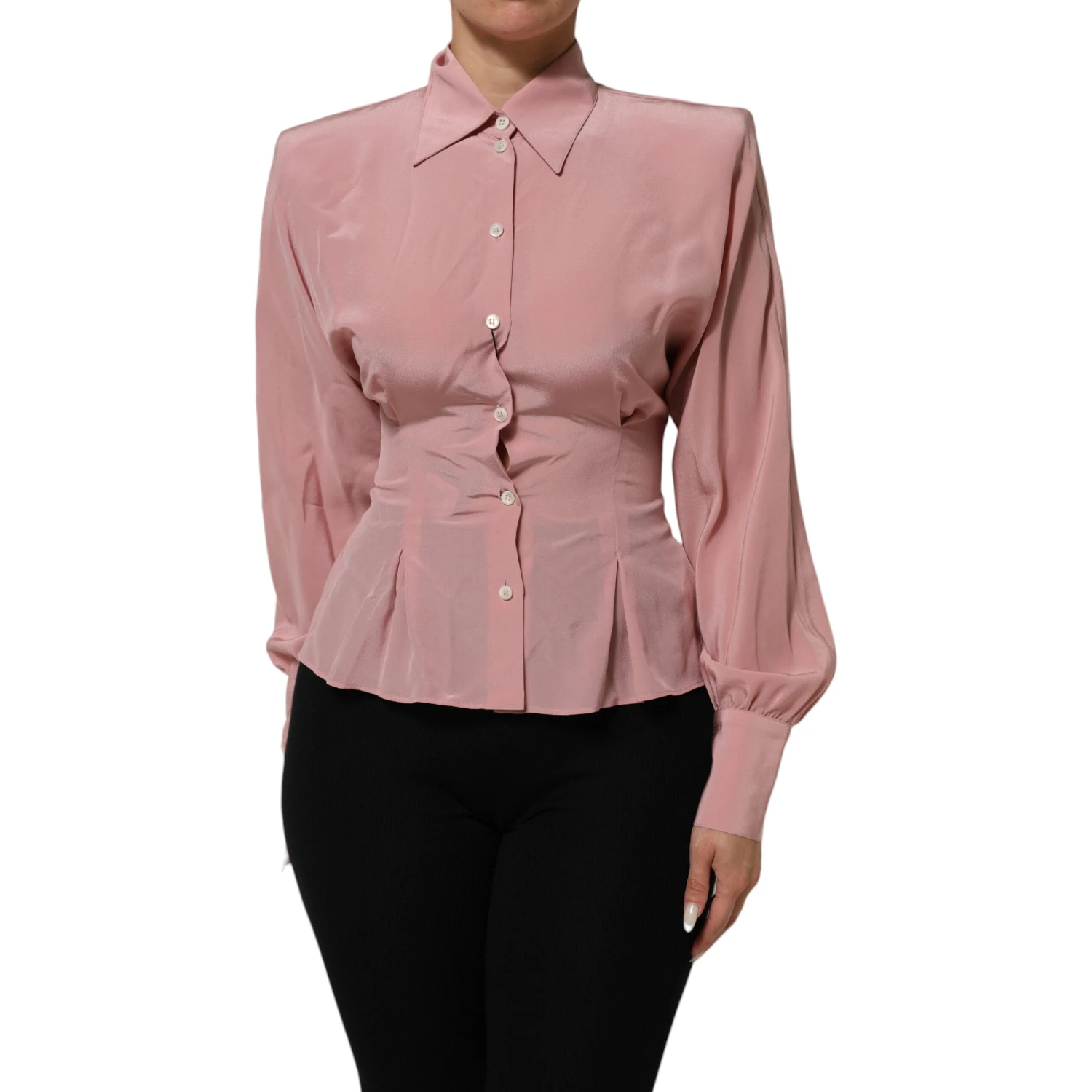 Pink Silk Collared Long Sleeves Blouse Top