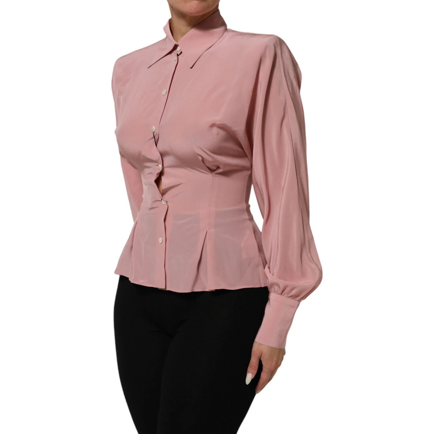 Pink Silk Collared Long Sleeves Blouse Top