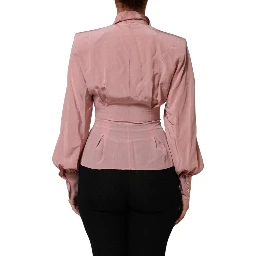 Pink Silk Collared Long Sleeves Blouse Top