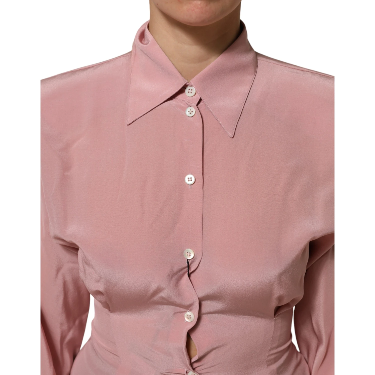 Pink Silk Collared Long Sleeves Blouse Top