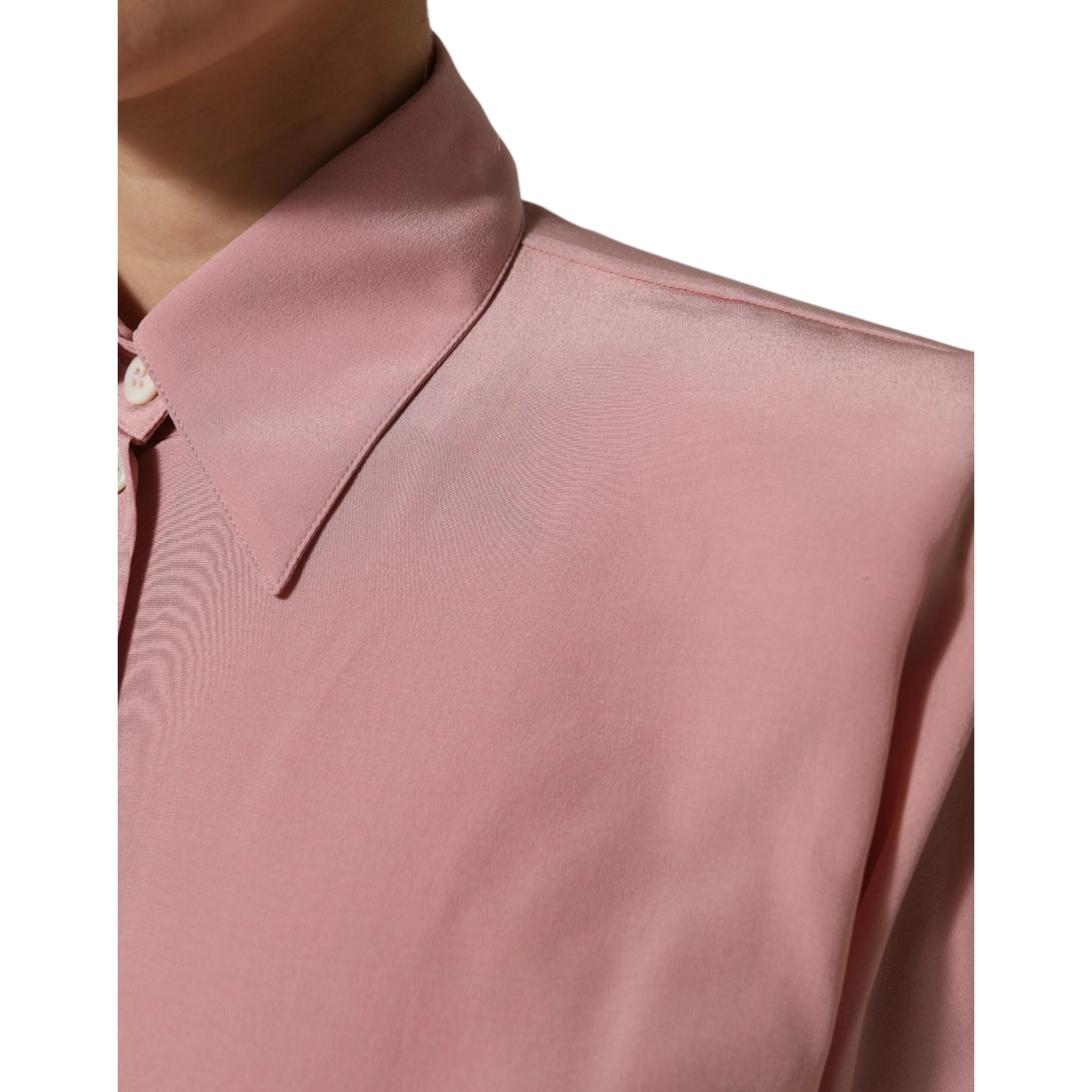 Pink Silk Collared Long Sleeves Blouse Top