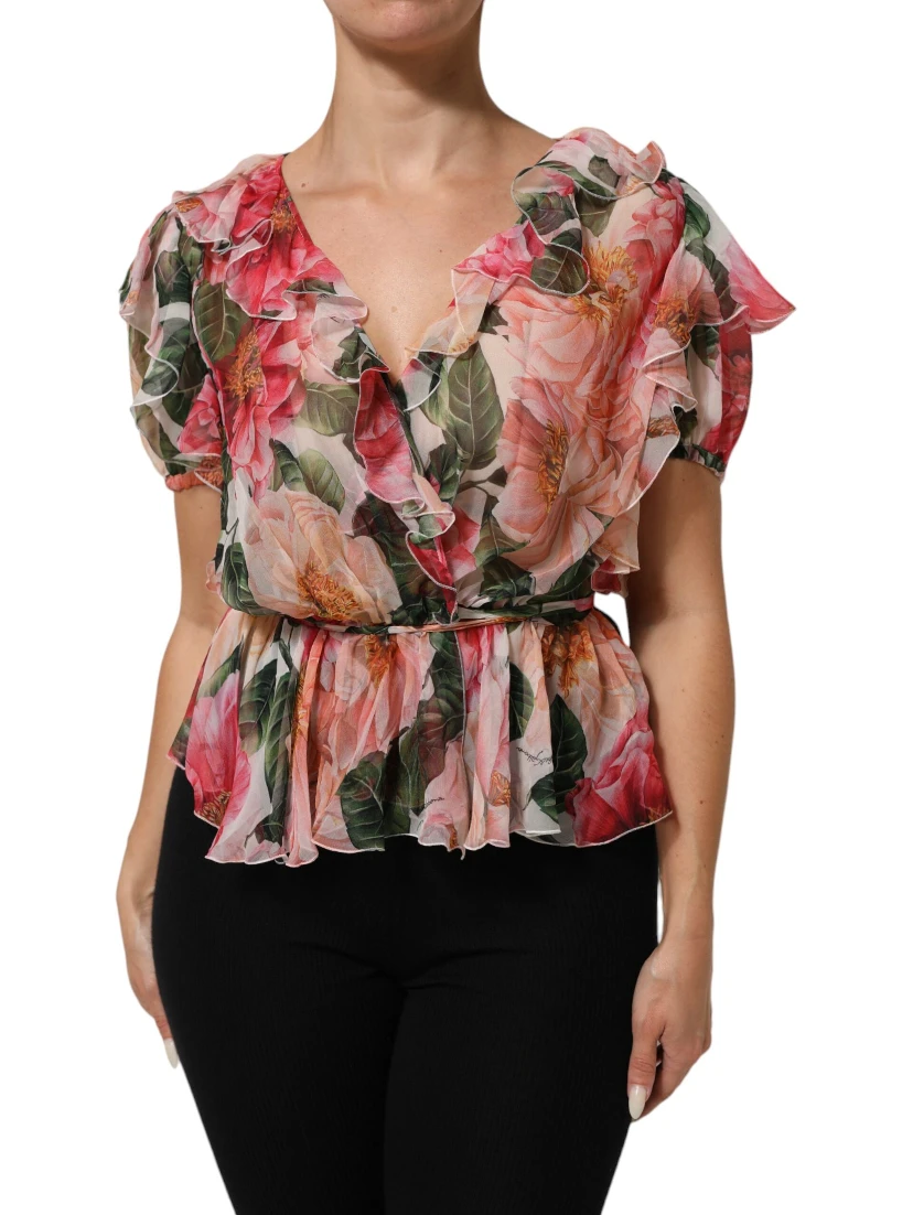 Pink Camellias Printed Silk V-neck Blouse Top