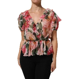 Pink Camellias Printed Silk V-neck Blouse Top