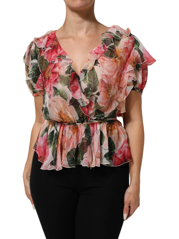 Pink Camellias Printed Silk V-neck Blouse Top alternative