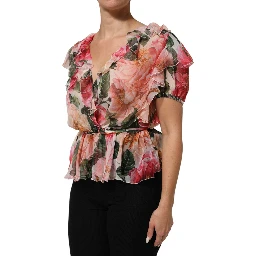 Pink Camellias Printed Silk V-neck Blouse Top