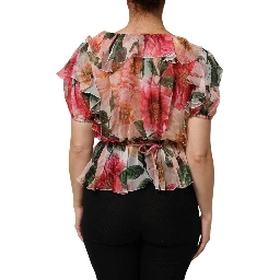 Pink Camellias Printed Silk V-neck Blouse Top