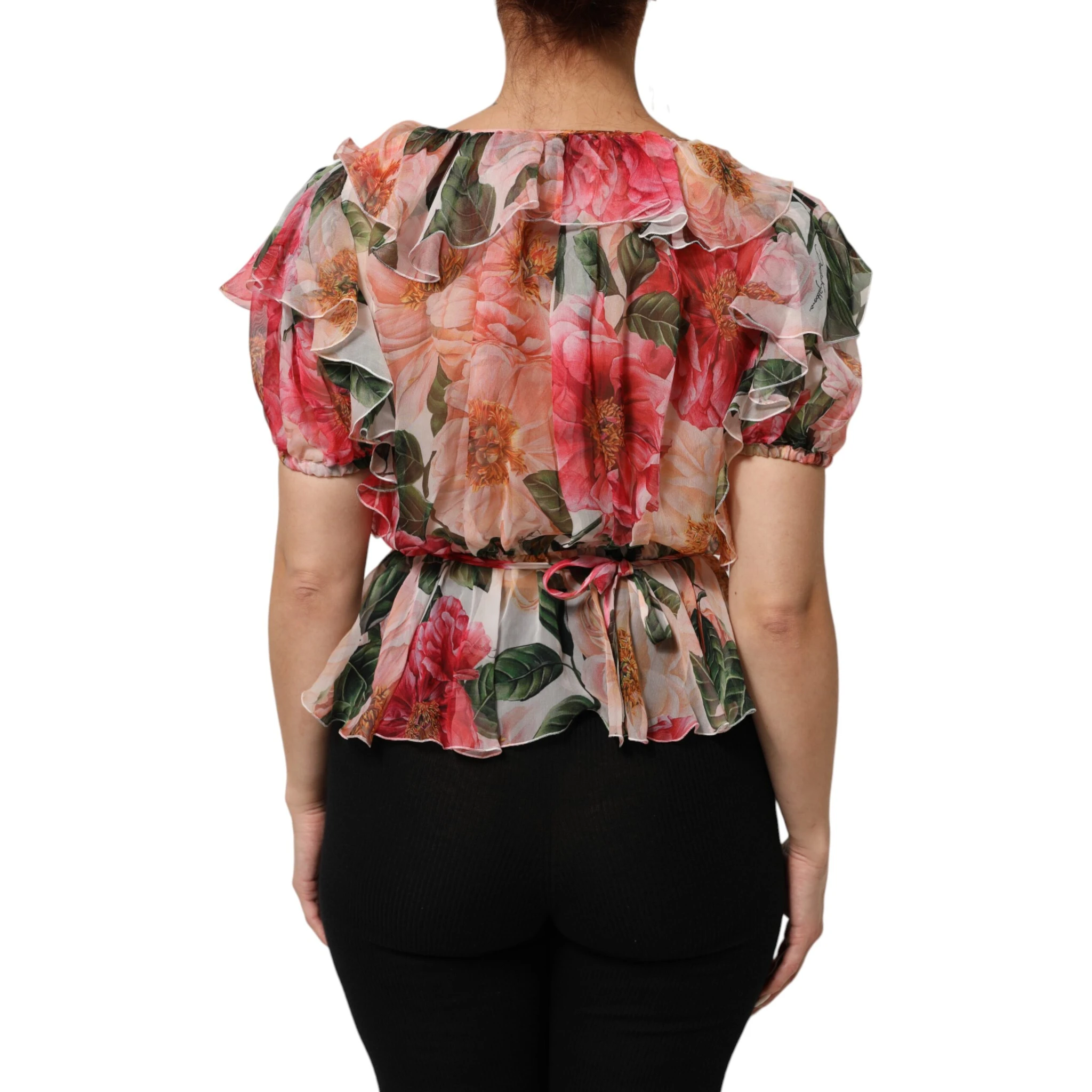 Pink Camellias Printed Silk V-neck Blouse Top
