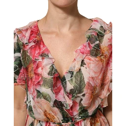 Pink Camellias Printed Silk V-neck Blouse Top