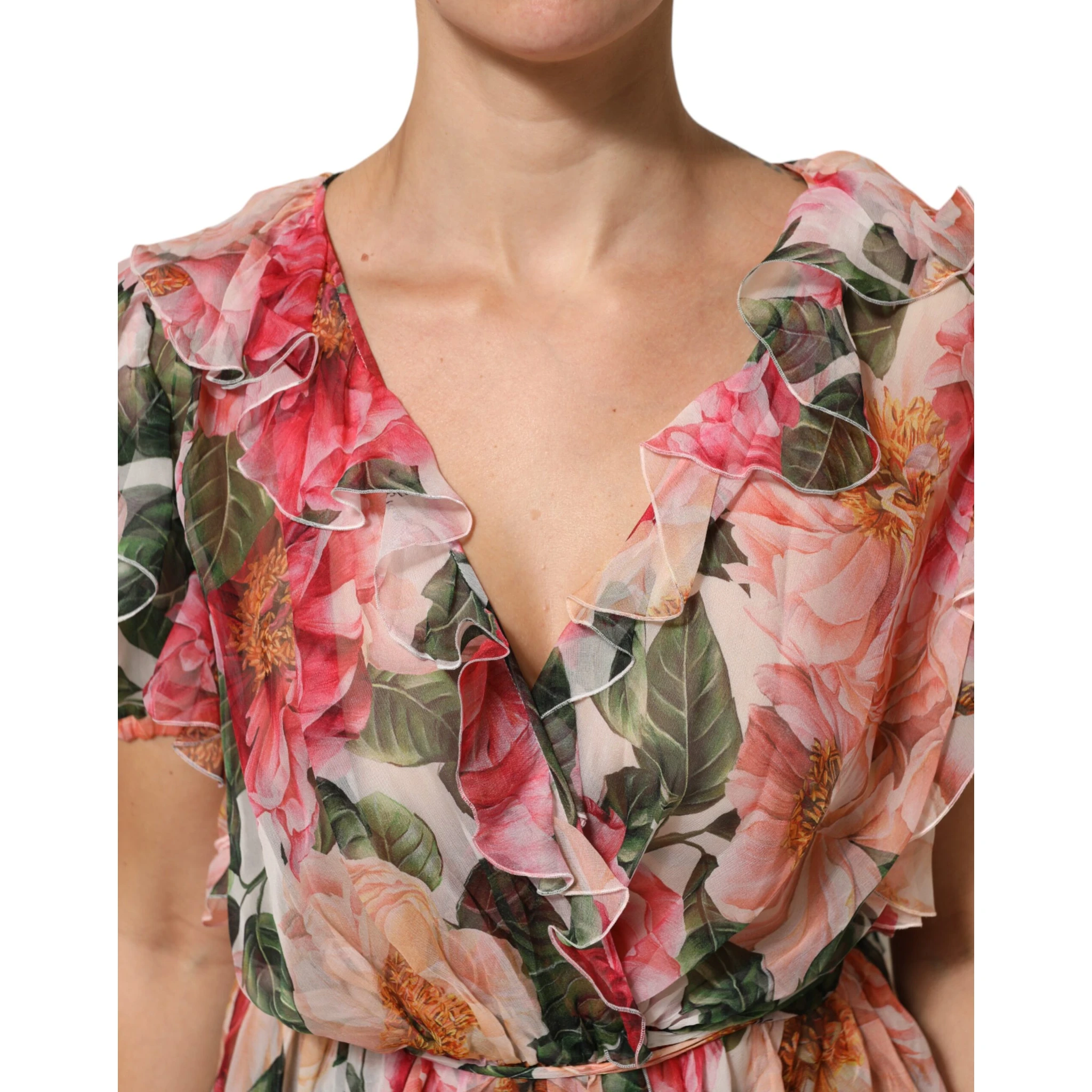 Pink Camellias Printed Silk V-neck Blouse Top