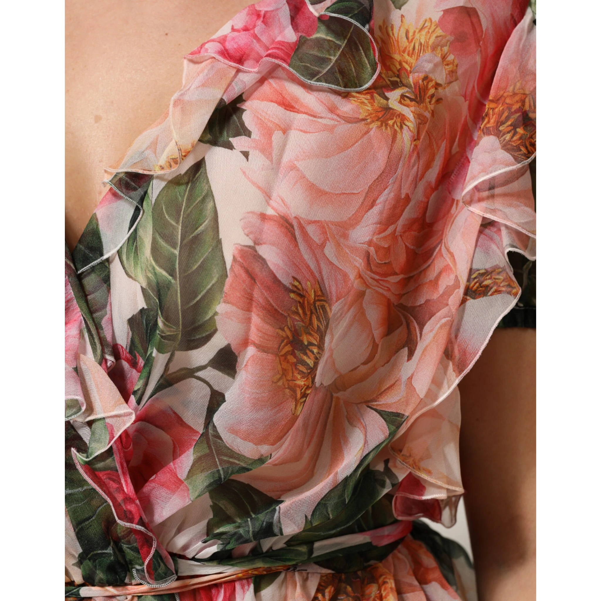 Pink Camellias Printed Silk V-neck Blouse Top