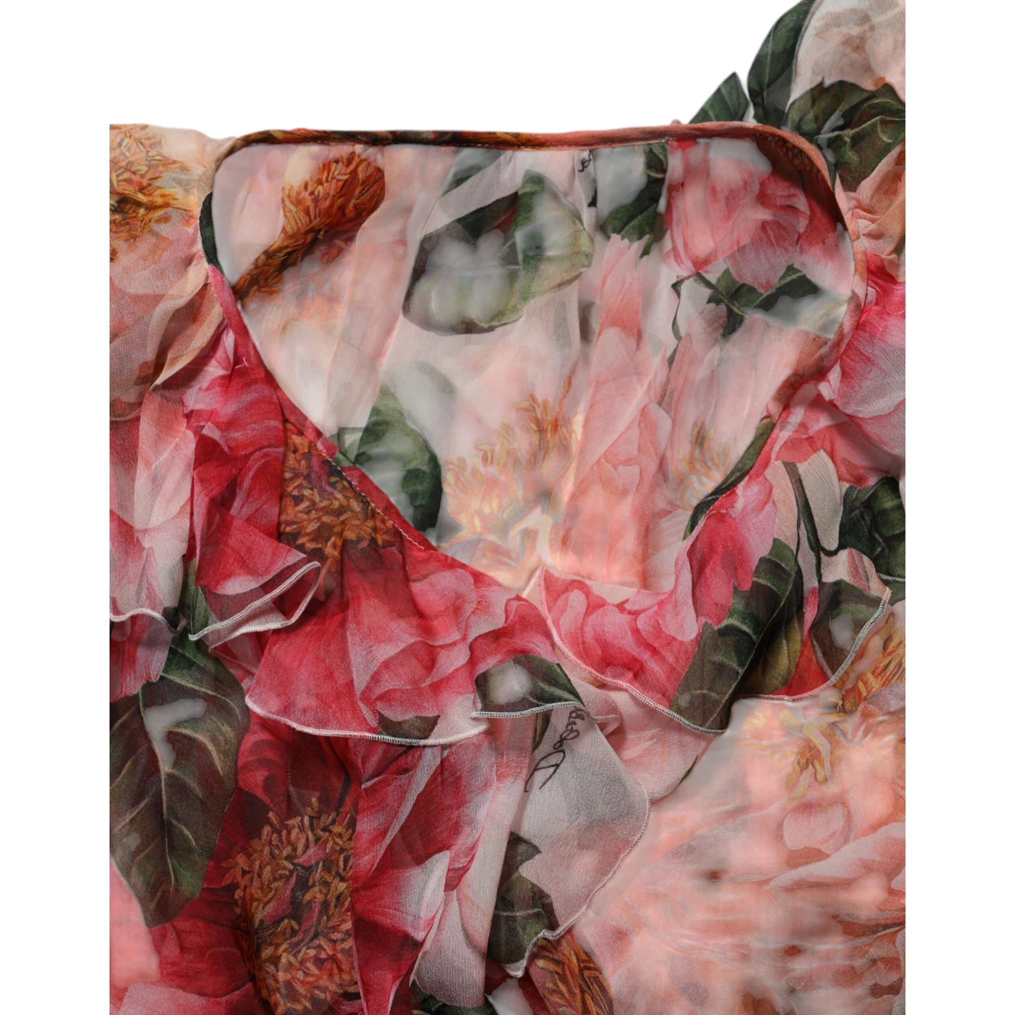 Pink Camellias Printed Silk V-neck Blouse Top