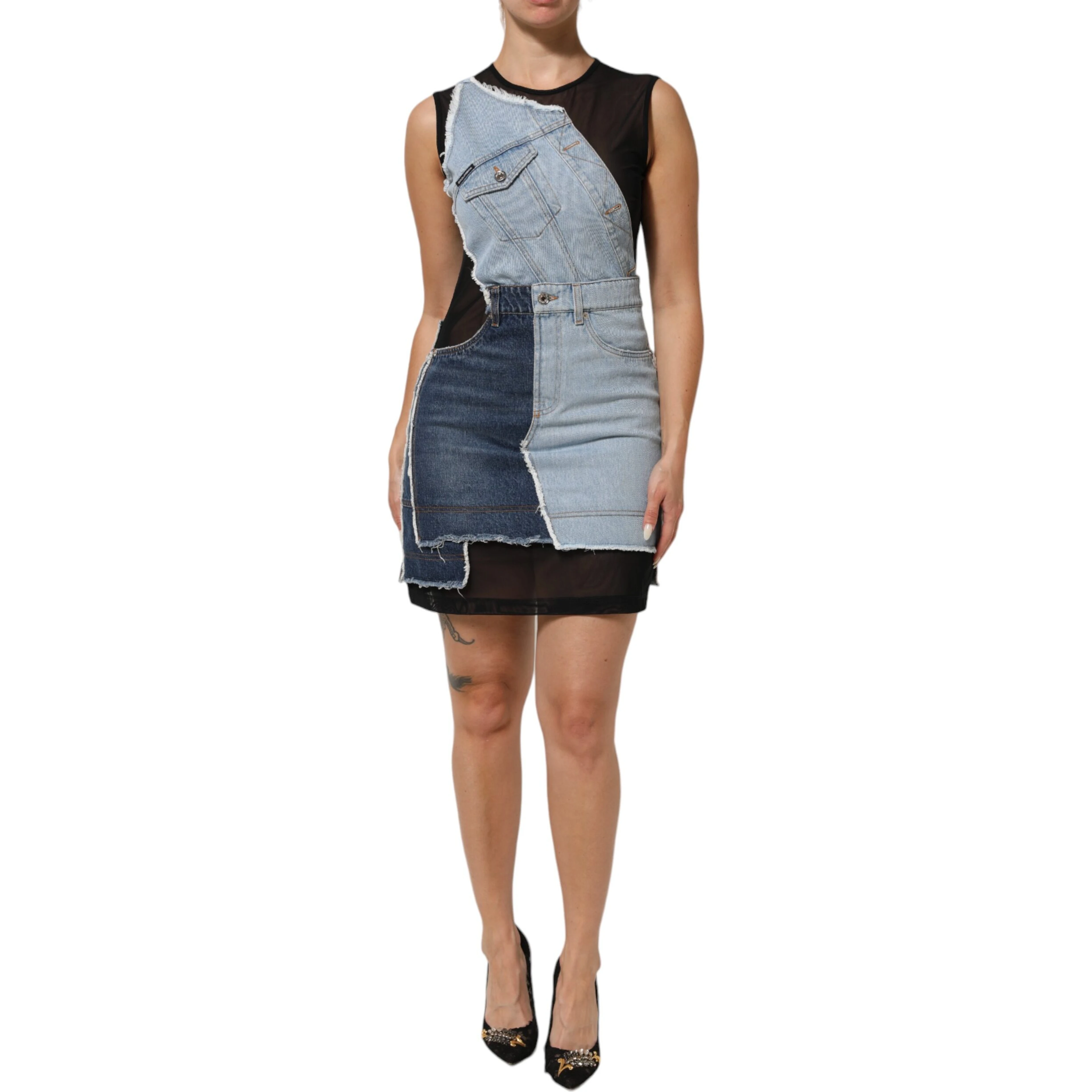 Blue Nylon Patchwork Denim Sheath Mini Dress