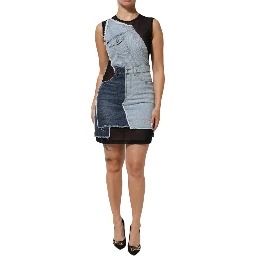 Blue Nylon Patchwork Denim Sheath Mini Dress
